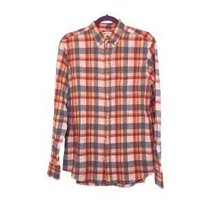 Old Navy Classic Slim Fit Tartan Plaid Button Down Shirt Red Yellow Blue Knit S